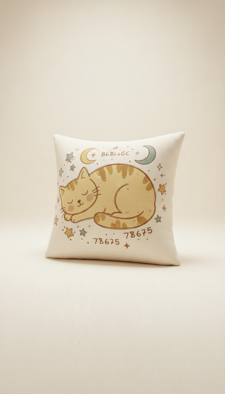 Plush Cat Pillow With Hand-Drawn Motif