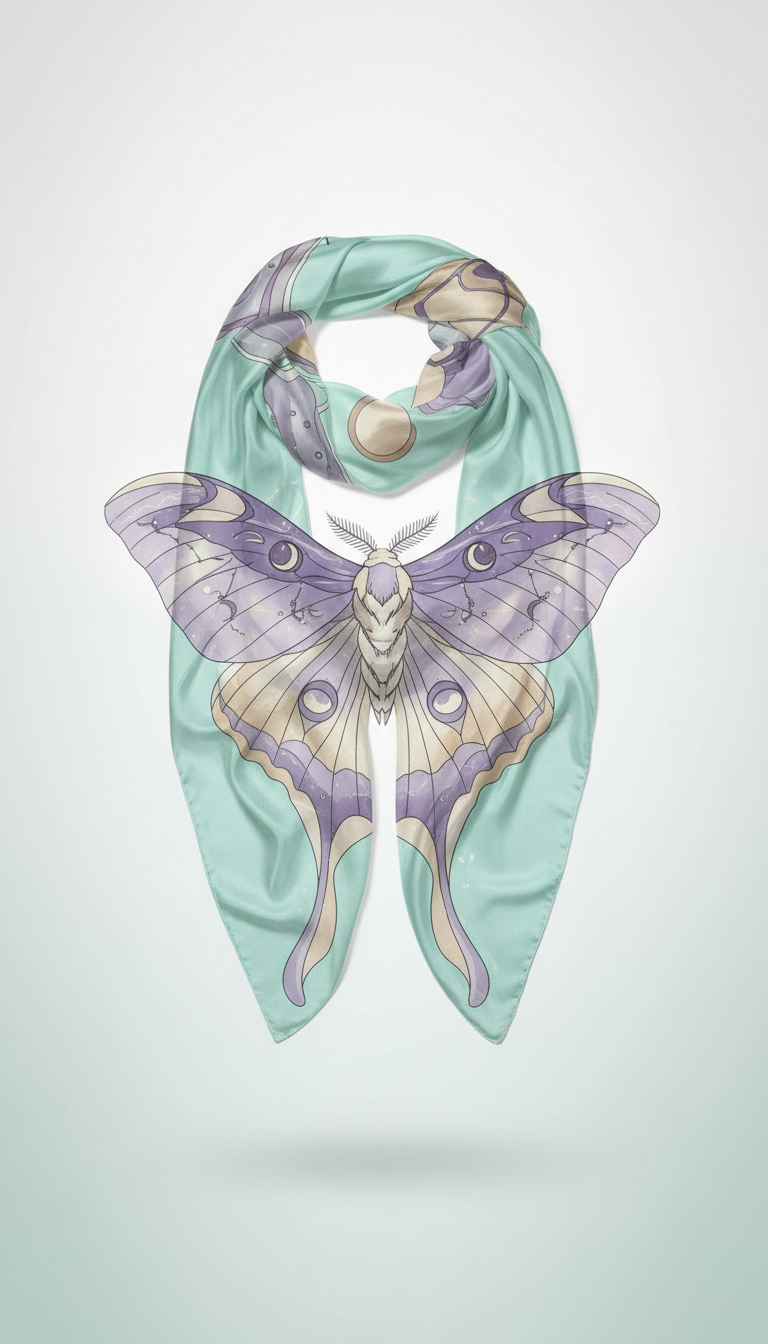 Celestial Mint silk scarf with luna moth motif